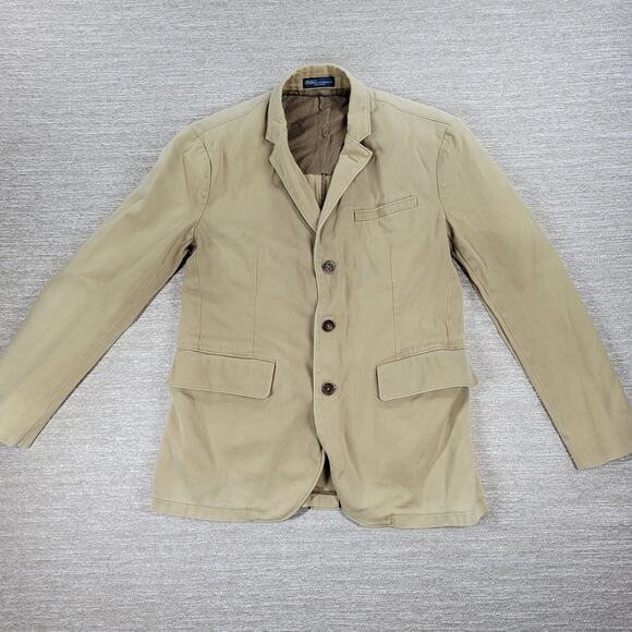 Vintage Polo Ralph Lauren 3 Button Blazer Jacket Mens 42R Khaki Tan Cotton Twill - Picture 1 of 16